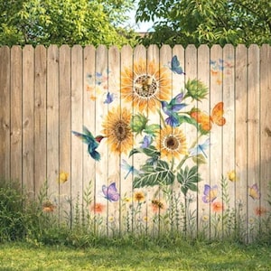 May include: A wooden fence panel featuring a large, colorful mural of yellow sunflowers, green foliage, and various insects including hummingbirds, butterflies, and dragonflies. The artwork displays vibrant floral and wildlife imagery.