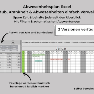 Può includere: Un foglio di calcolo digitale Excel per la gestione delle assenze dei dipendenti, comprese ferie e malattia. Il modello presenta un layout a calendario con voci codificate a colori. Il testo dice che ha filtri e valutazioni automatiche. 3 versioni disponibili.