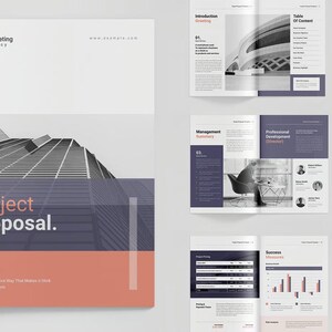 May include: A project proposal document with a modern design. The cover features a stylized image of a building and the title "Project Proposal." The document has a white, grey, and orange colour scheme. Other pages include charts, graphs, and text.