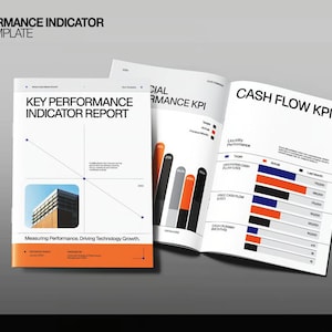 Puede incluir: Una plantilla de informe titulada "Key Performance Indicator Report" con un diseño moderno. La portada presenta una imagen de un edificio y detalles en naranja. Las páginas abiertas muestran gráficos y tablas, con texto que incluye "Cash Flow KPI".