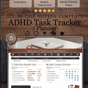 Mall för instrumentpanel för Notion ADHD-uppgiftsspårare, digital livsorganisatör för fokus