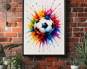 Colorful Soccer Ball Watercolor Poster, Football Splash Wall Art, Sports Room Decor, Rainbow Soccer Print, Modern Athlete Artwork