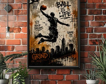Retro Basketball Poster, Street Art Basketball Wall Decor, 90s Hoop Dreams Print, Urban Sports Artwork, Graffiti Basketball Poster