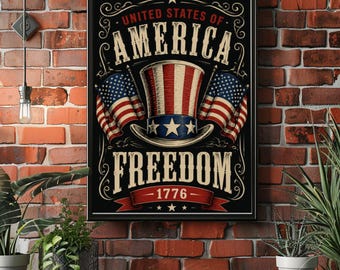 America Freedom Poster, Patriotic USA Wall Art, Vintage Americana Decor, American Flag Hat Print, Retro Liberty Artwork