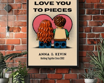 Personalized Couple Poster, Love You To Pieces Wall Art, Romantic Block Style Print, Anniversary Gift for Couples, Cute Love Decor