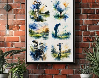 Golf Watercolor Poster Set, Golf Wall Art Bundle, Modern Golf Course Prints, Sports Room Decor, Golf Lover Gift Set