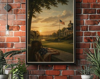 Póster vintage de golf al atardecer, arte mural patriótico de golf, lámina de paisaje de club de campo, decoración de golf americana, obra de arte deportiva de lujo