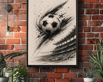 Abstract Soccer Poster, Black White Football Wall Art, Minimal Sports Print, Stadium Sketch Artwork, Modern Soccer Decor