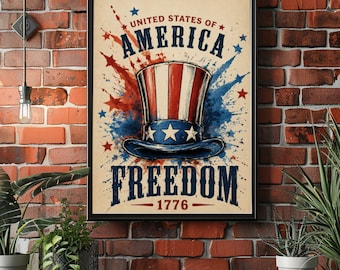America Freedom Poster, Patriotic Americana Wall Art, Vintage USA Hat Print, Retro Independence Decor, USA Celebration Art