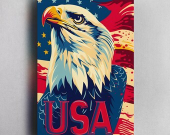 Bald Eagle Portrait Style Poster, Wall Decor 4th of July USA Flag Background Print, America 250th Anniversary Celebration Modern Home Decor