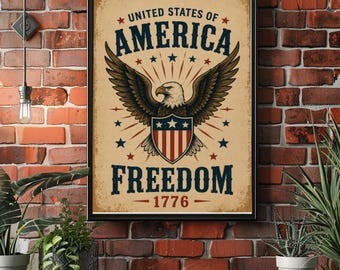 America Freedom Poster, Patriotic Eagle Wall Art, Vintage Americana Decor, USA Heritage Print, Rustic Liberty Artwork