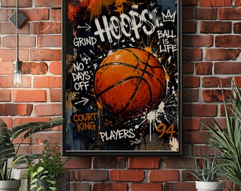 Basketball Graffiti Poster, Street Ball Wall Art, Urban Sports Decor, Hoop Dreams Print, Retro Basketball Artwork