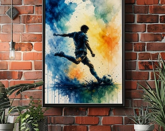 Watercolor Soccer Poster, Football Player Wall Art, Sports Room Decor, Soccer Lover Gift, Modern Athlete Print
