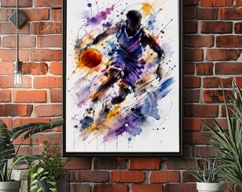 Abstract Basketball Poster, Watercolor Basketball Wall Art, Sports Room Decor, Athlete Action Print, Modern Basketball Artwork