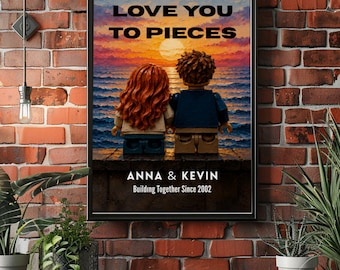 Personalized Couple Sunset Poster, Romantic Building Together Wall Art, Love You To Pieces Print, Anniversary Gift for Couples