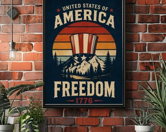 America Freedom Poster, Patriotic Mountain Wall Art, Vintage Americana Decor, Retro USA Landscape Print, Rustic Freedom Art