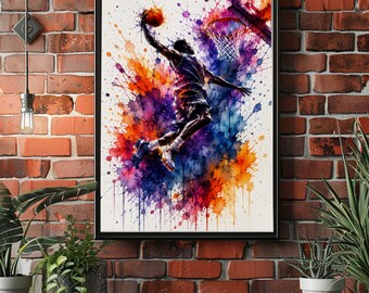 Basketball Watercolor Poster, Abstract Dunk Wall Art, Sports Room Decor, Color Splash Basketball Print, Athlete Artwork