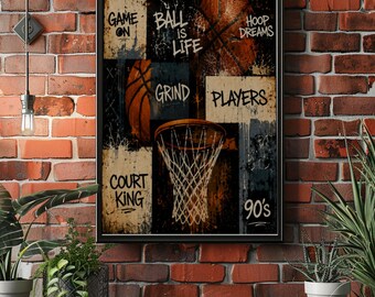 Póster retro de aro de baloncesto, arte mural de baloncesto callejero, decoración deportiva con grafiti, lámina de baloncesto urbano, arte de cancha de los 90