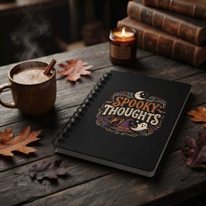 以下が含まれることがあります： 「SPOOKY THOUGHTS」という装飾的なフォントの文字が書かれた黒いスパイラルノート。三日月、魔女の帽子、猫、幽霊のイラストが描かれており、湯気の立つ茶色のマグカップと火のついたキャンドルが近くに置かれています。