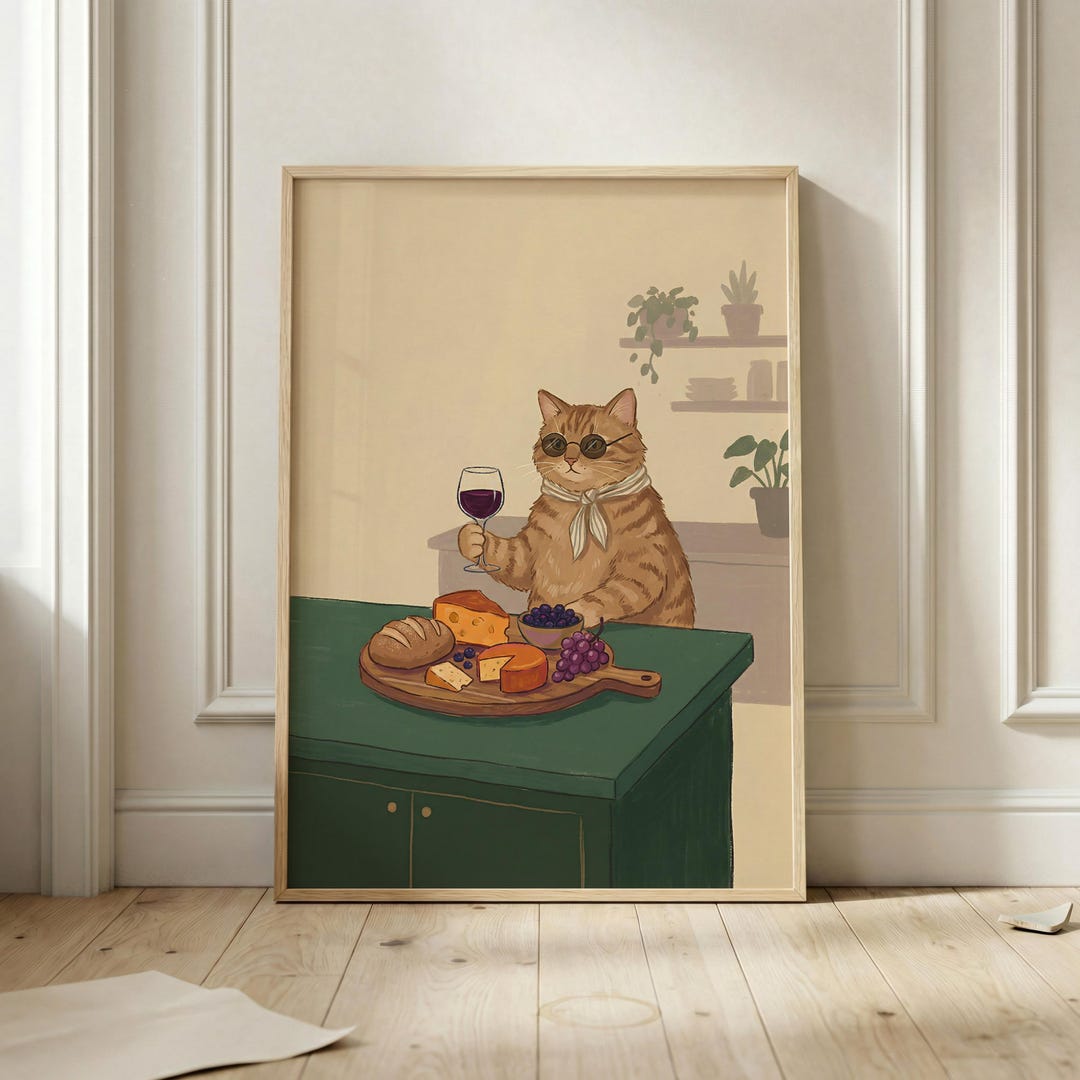 Funny Cat Wine Art Print, Classy Cat Kitchen Wall Decor, Retro Wall Art ...