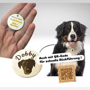 Könnte beinhalten: Hundeanhänger aus Holz mit dem Namen "Dobby" und einer Hunde-Silhouette. Das Bild zeigt auch einen Berner Sennenhund und einen Anhänger mit einem QR-Code und dem Text "Auch mit QR-Code für schnelle Rückführung!"