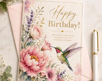 Elegante biglietto di compleanno con colibrì ad acquerello / Stampabile, Acquerello, Fiori, Biglietti stampabili, Download digitale, Uccelli, Regali per lei, Per lei