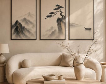 Japandi Sumi-e Wall Art Set, Zen Mountain Pine Boat Prints (Digital Download)
