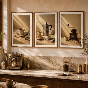 Puede incluir: Tres cuadros de pared enmarcados en una cocina. La imagen de la izquierda muestra una taza de café y un pastel. La central presenta una cafetera italiana y un cruasán. La de la derecha muestra un molinillo de café manual y granos.