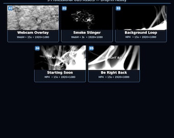 Paquete de superposiciones de OBS para transmisiones de humo y niebla / Expulsión de Twitch y YouTube / Fondo de borde de cámara web Stinger disponible pronto. Vuelvo enseguida.