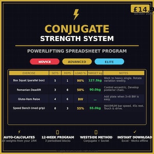 Conjugate Powerlifting Program Spreadsheet | Westside Barbell 12-Week Excel Training (Digital Download)