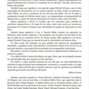 K&ouml;nnte beinhalten: Eine Seite aus einem spanischen Buch mit dem Titel "Reconocimientos" (Danksagungen). Der Text ist eine Liste von Dankesworten an verschiedene Personen f&uuml;r ihre Hilfe bei der Erstellung des Buches. Der Name des Autors, Robert Greene, steht unten.