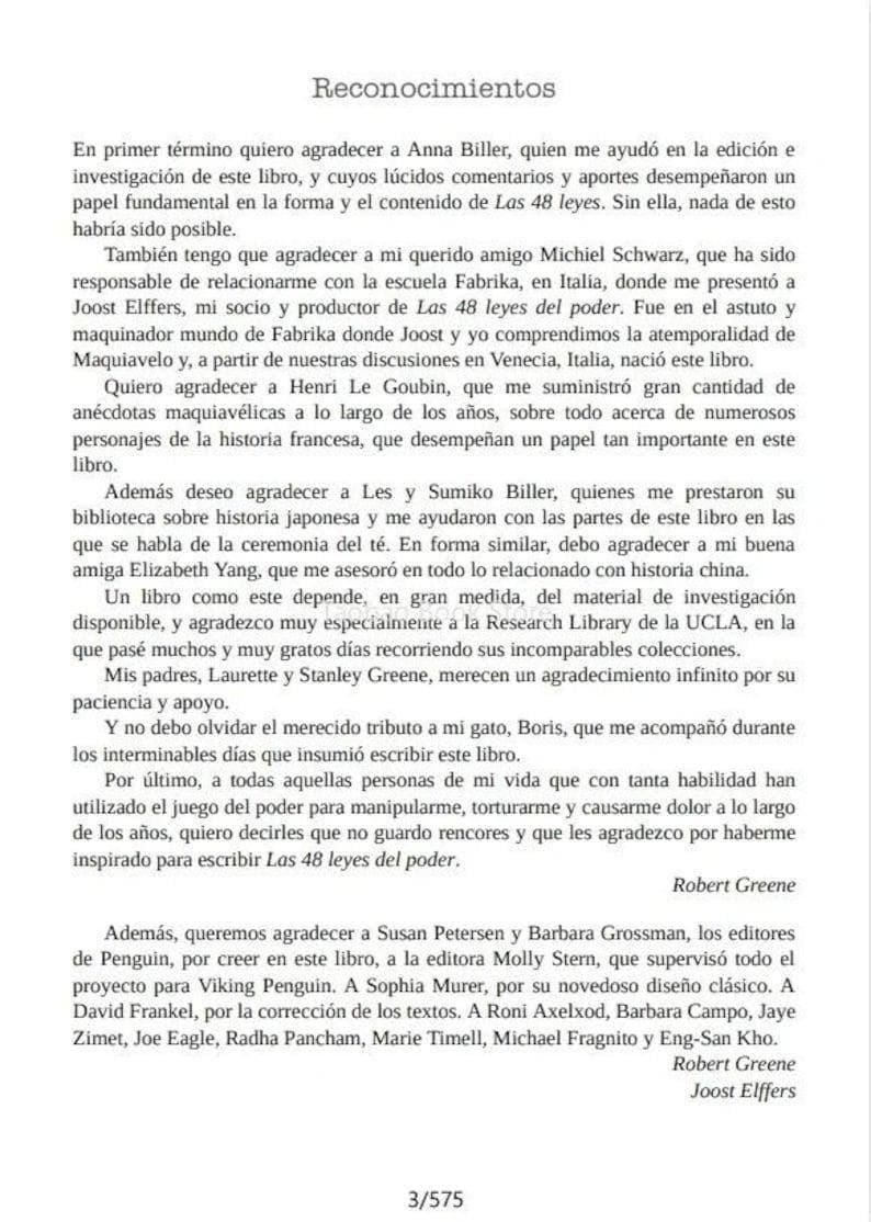 K&ouml;nnte beinhalten: Eine Seite aus einem spanischen Buch mit dem Titel "Reconocimientos" (Danksagungen). Der Text ist eine Liste von Dankesworten an verschiedene Personen f&uuml;r ihre Hilfe bei der Erstellung des Buches. Der Name des Autors, Robert Greene, steht unten.