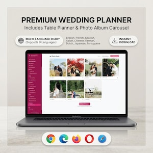 May include: A laptop displaying a wedding planner interface with photo album previews. The screen shows images of couples. Text on the screen reads "Premium Wedding Planner" and "Includes Table Planner & Photo Album Carousel". The laptop is on a white surface.