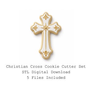 Puede incluir: Una galleta en forma de cruz blanca y dorada con detalles ornamentados, acompañada del texto: Christian Cross Cookie Cutter Set, STL Digital Download, 5 Files Included. La galleta presenta una estrella central y adornos en los extremos.