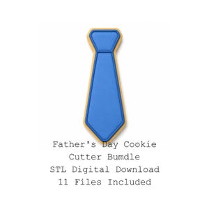 Może przedstawiać: Niebieska wykrawaczka do ciastek w kształcie krawata z żółtą obwódką. Obraz zawiera tekst "Father's Day Cookie Cutter Bundle" i "STL Digital Download 11 Files Included."