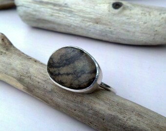 Mediterranean Beach Stone Ring, Sterling SIlver, Fine SIlver, Brown and Black, Surf Tumbled