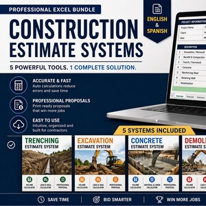 Op de afbeelding: Een laptop toont een bouwkostensysteem met een spreadsheet en een groen Excel-pictogram. De afbeelding promoot 5 tools voor bouwkostenramingen, waaronder sleuf-, graaf- en betonsystemen. De tekst zegt "Engels & Spaans".
