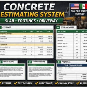 Op de afbeelding: Een afbeelding met de titel "CONCRETE ESTIMATING SYSTEM" en de tekst "SLAB • FOOTINGS • DRIVEWAY". Het bevat tabellen voor schattingen, kosten databases, klant- en bedrijfsomvang en een voorstel. De afbeelding vermeldt ook "ENGLISH & SPANISH INCLUDED."