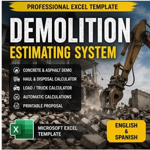 Rivningsuppskattningsmall i Excel | Demo av betong-asfalt | Kalkylator för transport och avfallshantering | Anbudsverktyg för entreprenörer | ENGELSKA-SPANSKA