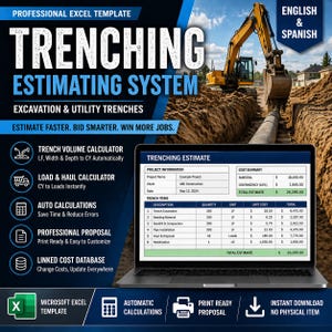 May include: An Excel template for trenching estimating, with an excavator in the background. The laptop screen displays a trenching estimate. Features include auto calculations and a linked cost database. The text reads 'Estimate Faster. Bid Smarter. Win More Jobs.'