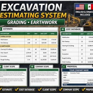 May include: An excavation estimating system graphic with the title "EXCAVATION ESTIMATING SYSTEM" and the subtitle "GRADING • EARTHWORK." The image includes tables for estimates, cost databases, client and company scopes, and a proposal section. English and Spanish are included.