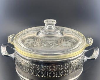 Vintage Glass Casserole Dish with Lid and Silverplated Holder, Serving Dish, Retro Kitchen Decor, Mid Century Style