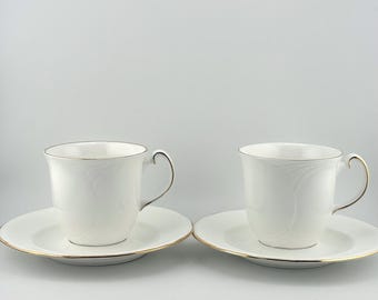 Royal Albert & Royal Doulton Tiara Tea Cups and Saucers Set of 2, White Bone China, Gold Trim, Made in England