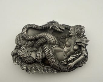 Vintage Bergamot Belt Buckle Dragon Woman Fantasy 1993 USA Pewter C-77 Collectible