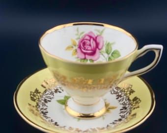 Vintage Clare Bone China Teacup and Saucer Set, England, Green Floral Gold Trim Tea Cup, English Tea Set, Rose Cup Excellent condition