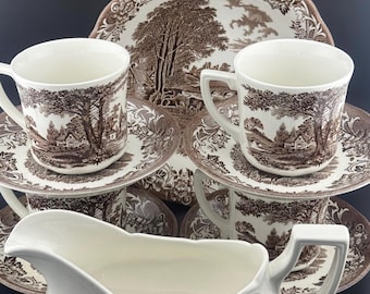 Juego de té vintage J&G Meakin Romantic England, loza marrón con decoración transferida, 4 tazas y platillos, fuente para servir, salsera.