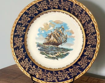 11 inch.Vintage Royal Falcon Ware Cobalt Blue Ship Plate, Weatherby Hanley England, Gold Gilt Nautical Porcelain Decor