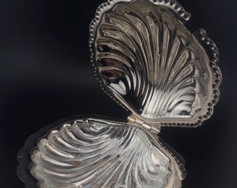 Servidor de caviar de concha vintage, elegancia plateada, inserto de vidrio, plato para servir de estilo costero, juego para servir mariscos