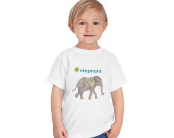 水彩画風のゾウの幼児用Tシャツ｜アルファベット「e」のイラスト