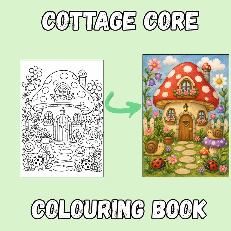 Puede incluir: Una p&aacute;gina de libro para colorear con una casa en forma de seta con sombrero rojo, puerta de madera y jardineras. La escena incluye un camino de piedra, caracoles, mariquitas y flores. Una flecha verde se&ntilde;ala del dibujo a la versi&oacute;n a color.